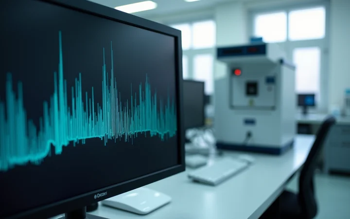 A mass spectrum trace on a laboratory monitor showing a charge-state envelope of peaks