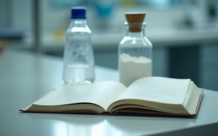 A laboratory notebook, a vial and a printed certificate of analysis arranged on a bench
