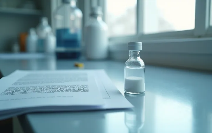 A single glass vial of white powder beside two printed pages on a laboratory bench