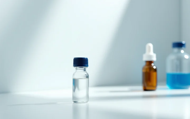 A glass vial with a navy cap beside a plain amber pump bottle