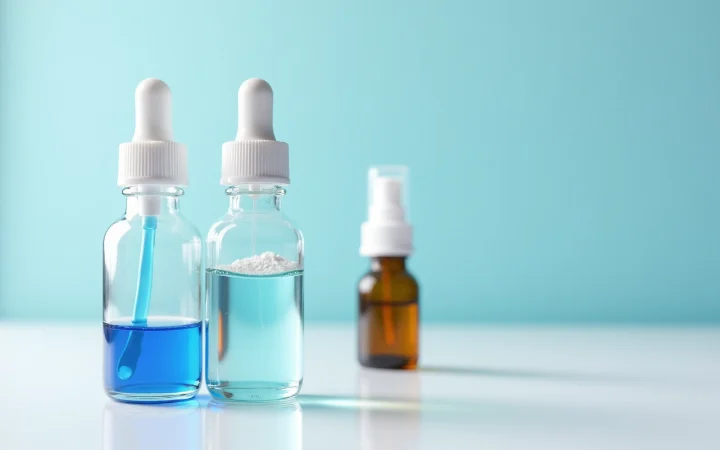 Two glass dropper bottles, one holding powder and one liquid, beside a small amber spray bottle