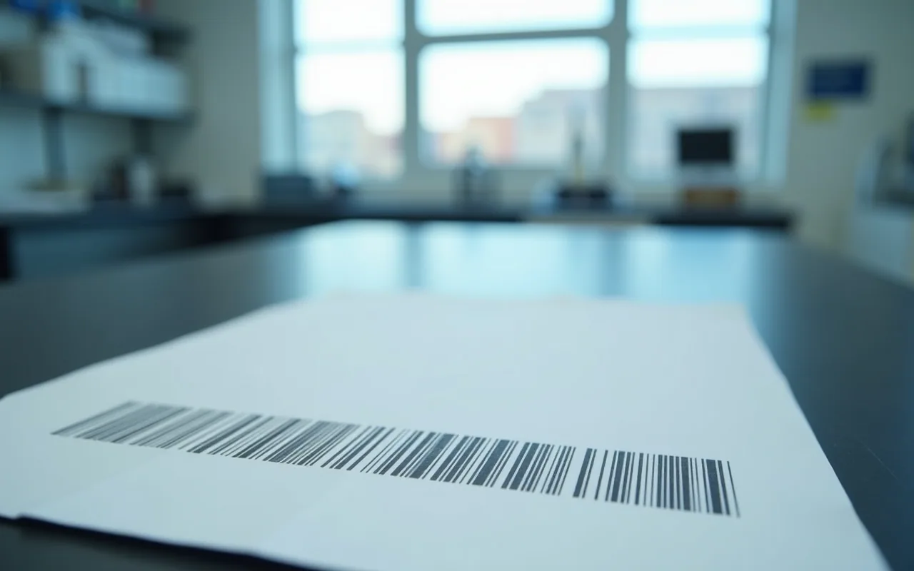 A printed spectrum with a ladder of narrow peaks lying on a dark laboratory bench