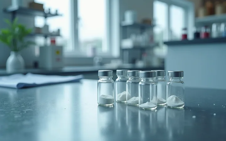 Several small glass vials of white powder arranged in a row on a cold steel surface