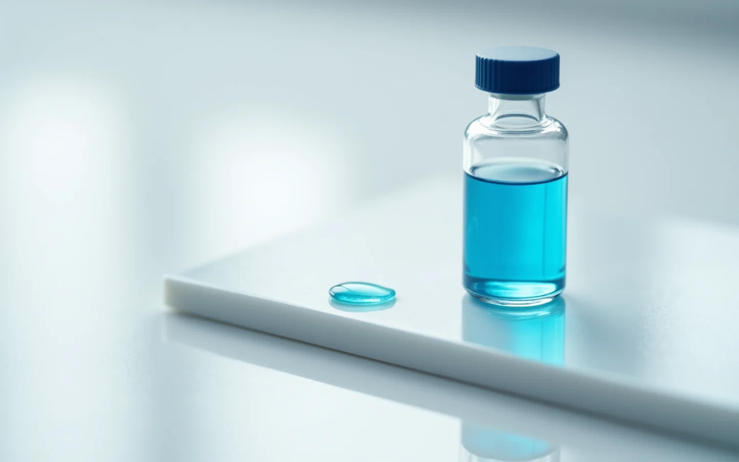 A glass vial with a navy cap on a white ceramic tile with a drop of liquid
