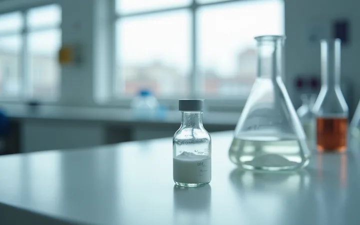 A small glass vial of white lyophilized powder beside a clear solvent bottle on a pale laboratory bench