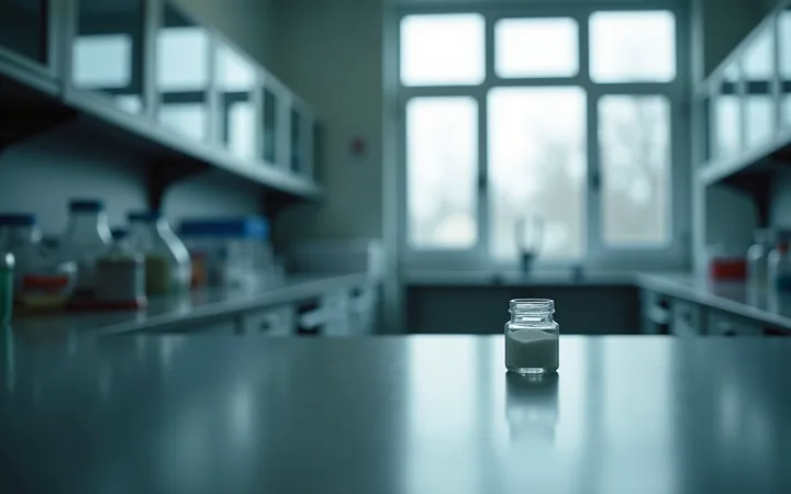 A single small glass vial of white powder on a dark bench under a narrow band of light