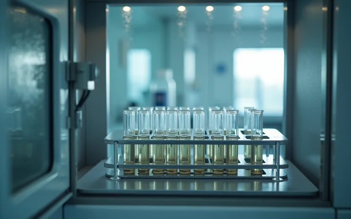 A timepoint series of vials from one lot, with a chromatogram and a mass spectrum beside the last one