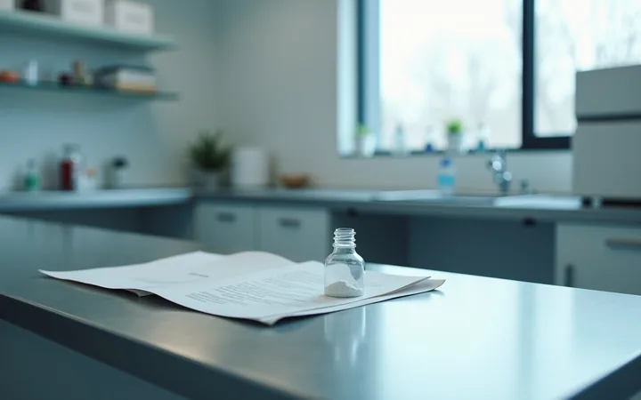 A small glass vial of white powder beside a folded printed certificate on a steel bench