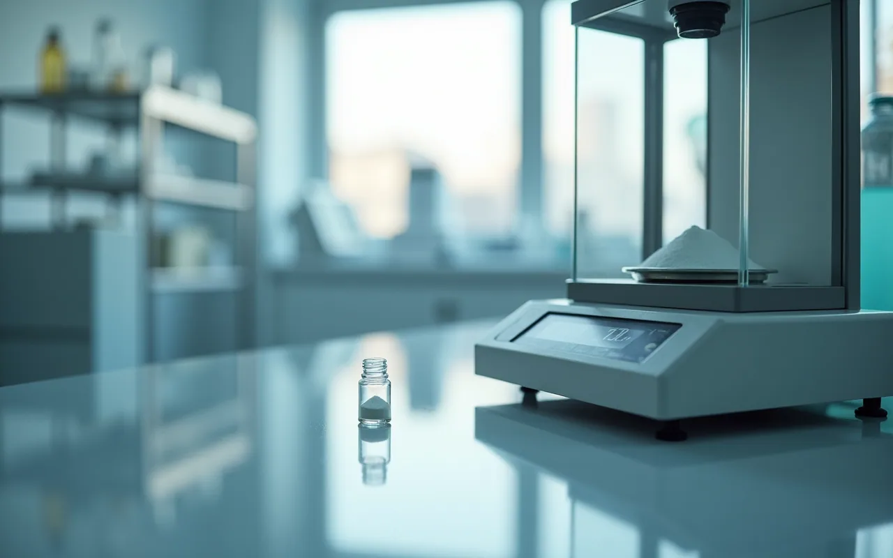 A glass vial of white powder beside a laboratory balance on a clean bench