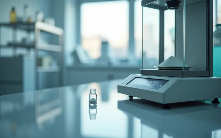 A glass vial of white powder beside a laboratory balance on a clean bench