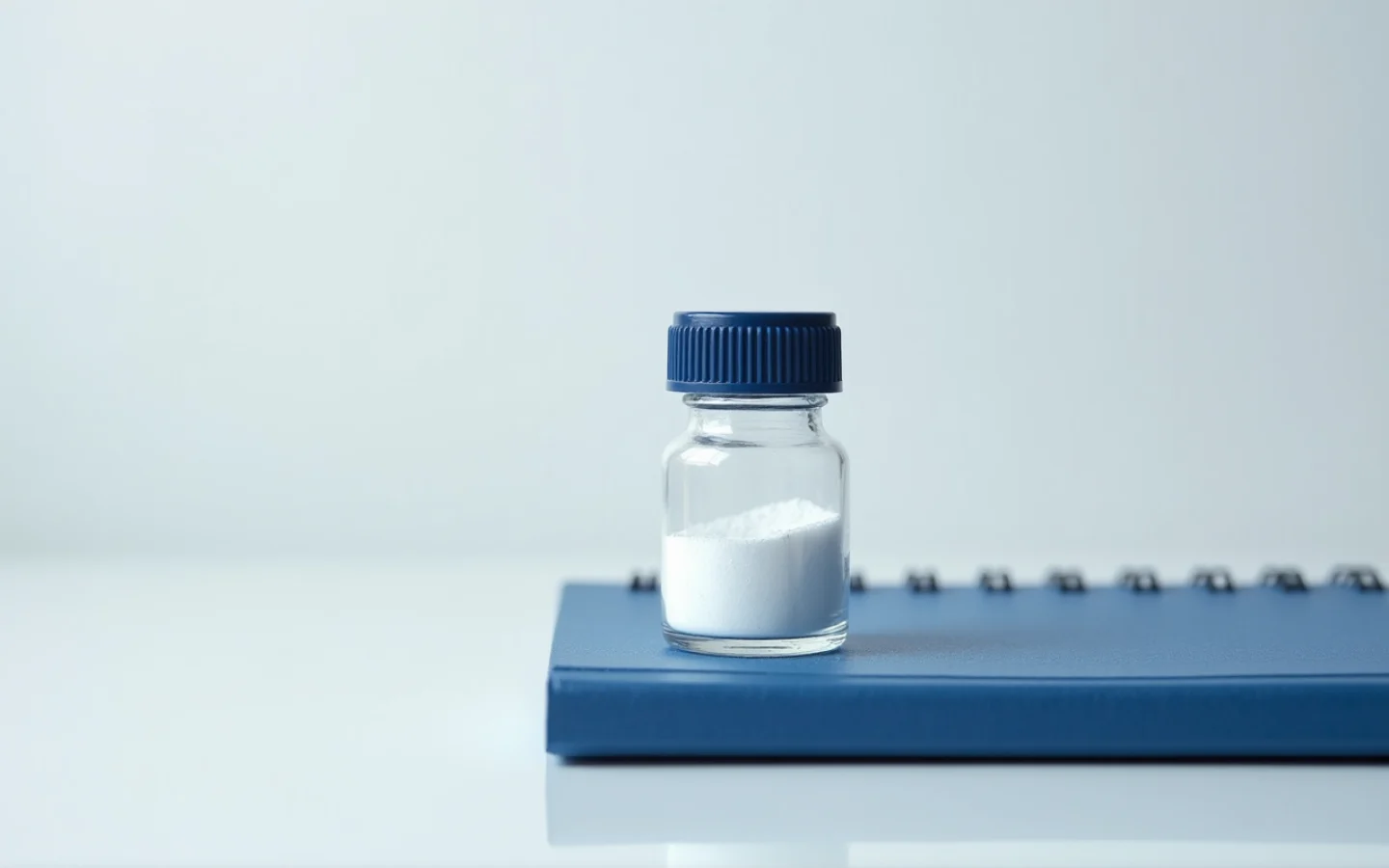 A glass vial of white powder standing on a closed navy notebook