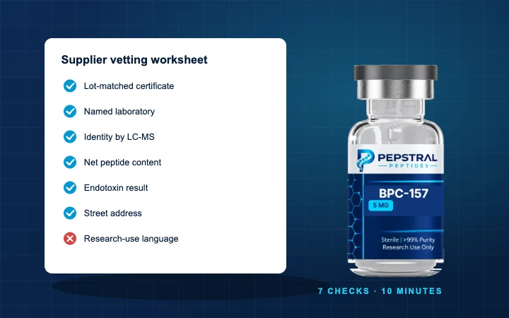 A vetting worksheet beside a labelled vial and a certificate of analysis