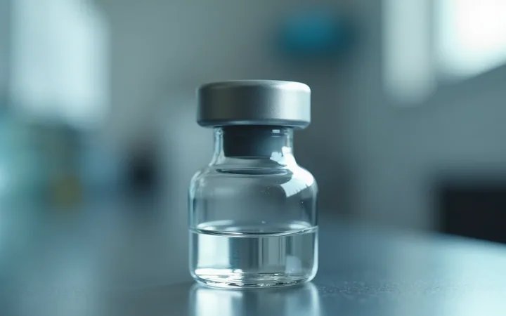 A macro view of a sealed glass vial closed with a grey stopper and a metal collar