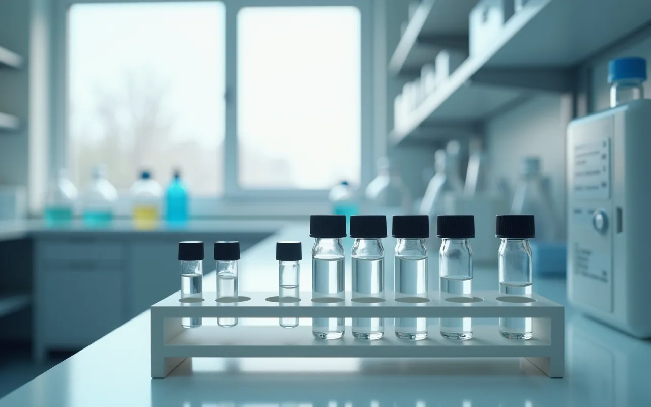 Small glass vials standing in a labelled rack on a laboratory bench, lit from the side