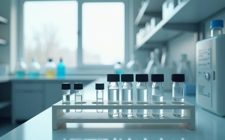 Small glass vials standing in a labelled rack on a laboratory bench, lit from the side