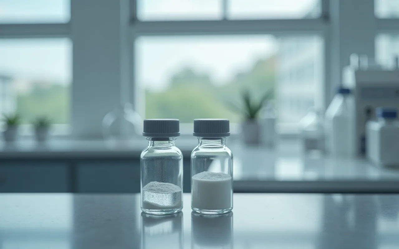 Two small glass vials of white powder standing close together on a steel bench