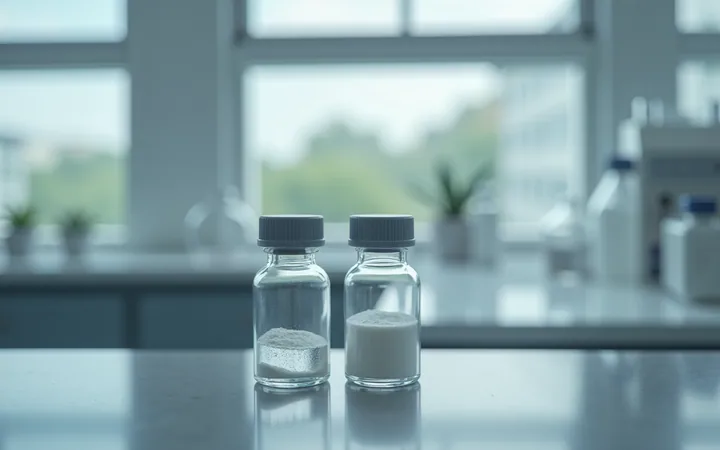 Two small glass vials of white powder standing close together on a steel bench