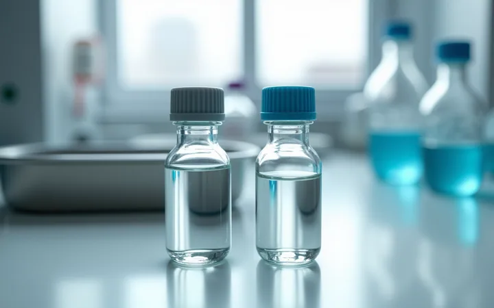Two identical vials side by side, one labelled sterile water and one bacteriostatic, with the single ingredient that separates them