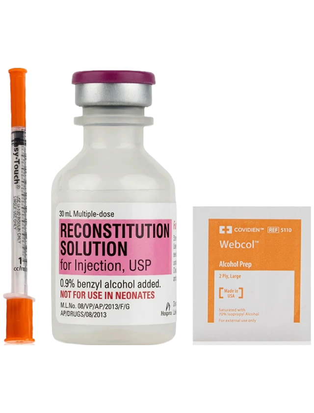 Reconstitution kit: a U-100 insulin syringe, a 30 mL reconstitution solution vial and an alcohol prep pad
