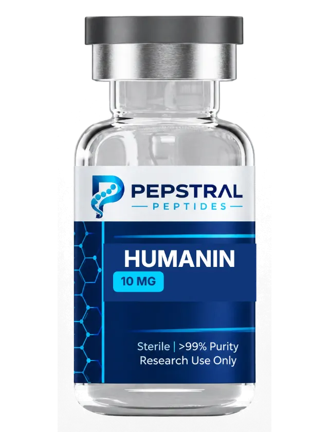Humanin 10 mg research peptide vial with lot HUM-2609-X label