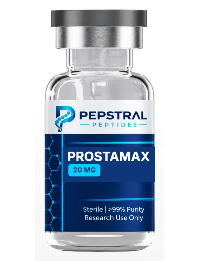 Prostamax 20 mg research peptide vial with lot PRO-2609-X label