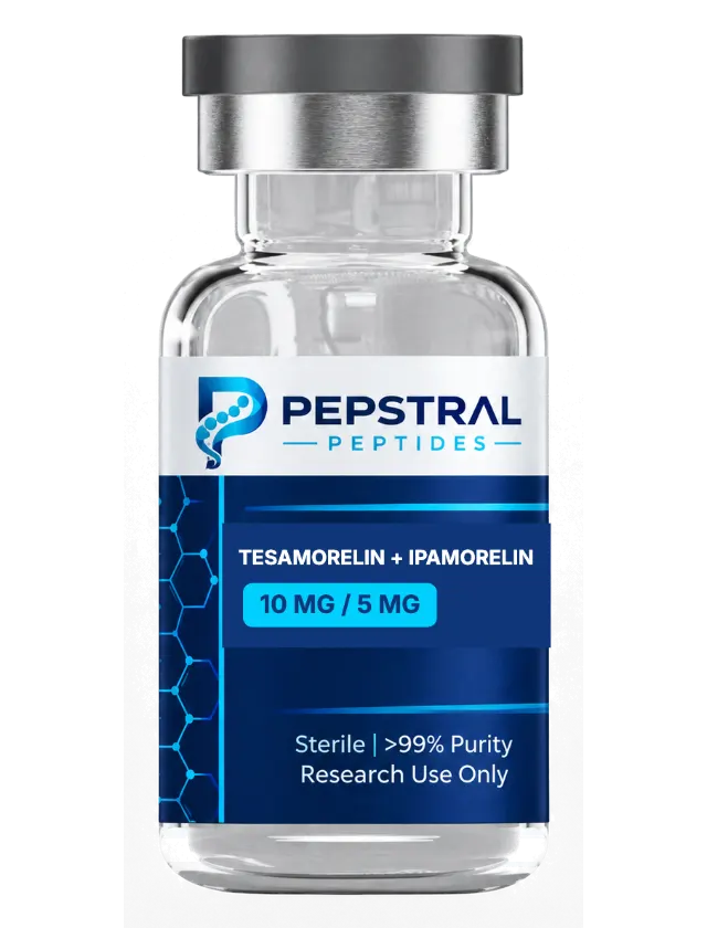 Tesamorelin + Ipamorelin 10 mg / 5 mg research peptide vial with lot TES-2609-X label