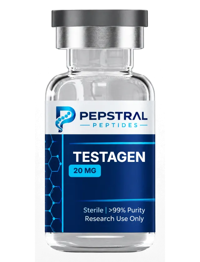 Testagen 20 mg research peptide vial with lot TESTA20-0528 label